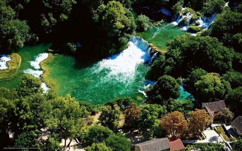 aerial view of river waterfalls