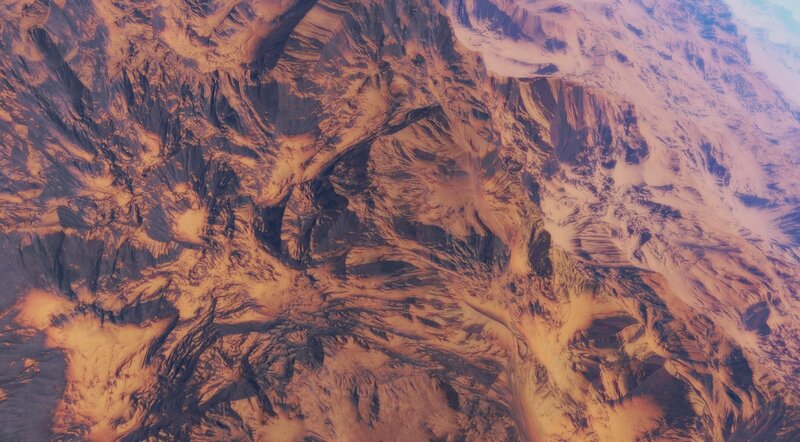 Aerial view of rugged mountains