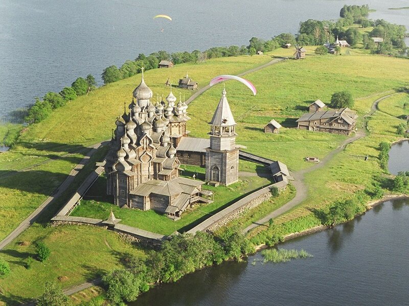 Aerial view of Russian wooden church