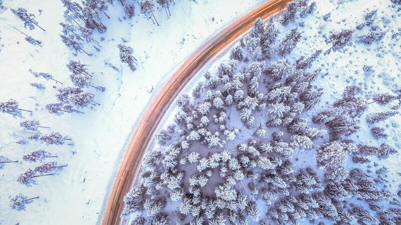 Aerial View of Snowy Road