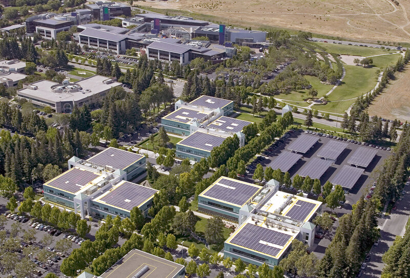 Aerial view of solar-powered buildings