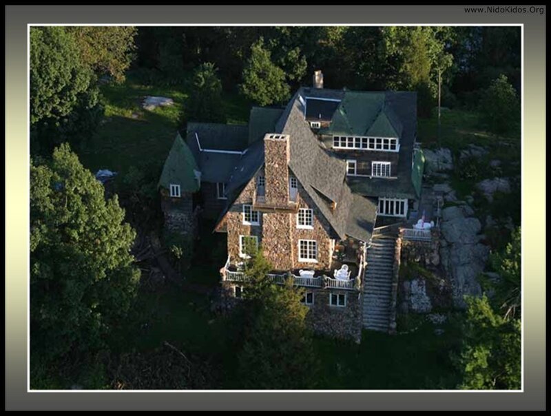 aerial view of stone house