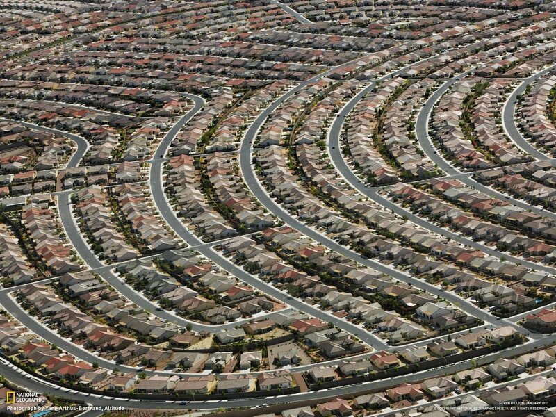 Aerial view of suburban neighborhood