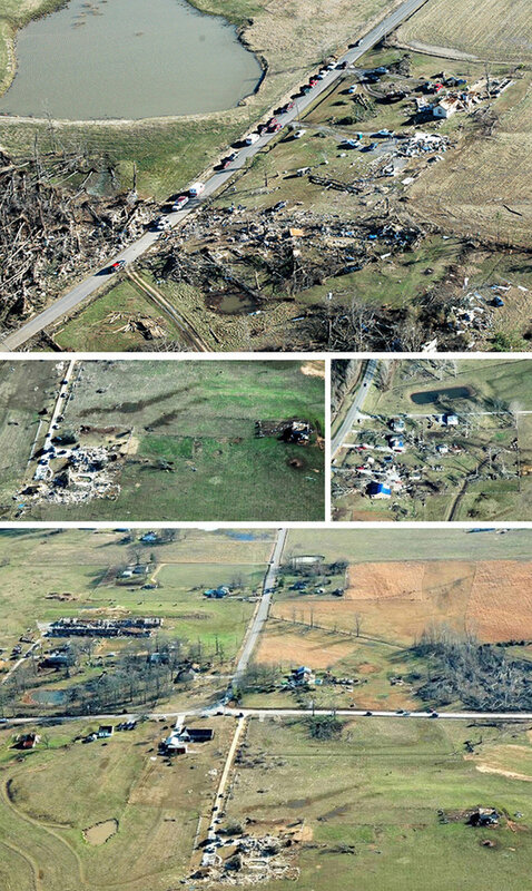 Aerial view of tornado damage