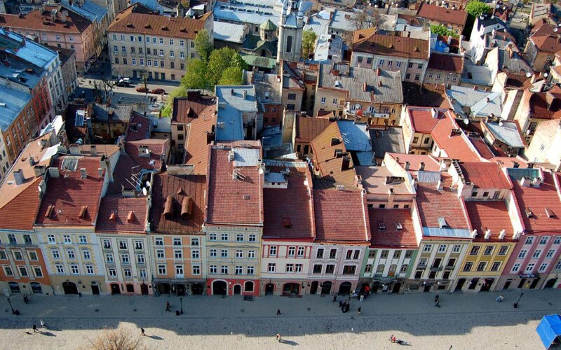 Aerial View of Town Rooftops