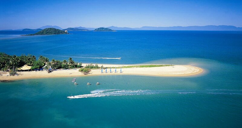 Aerial View of Tropical Island — Blue, Serene, Afternoon, Photograph, Beach, Sailboats