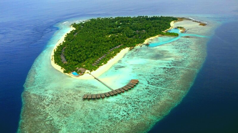 Aerial View of Tropical Island — Blue, Serene, Afternoon, Photograph, Coral Reef, Overwater Bungalows, Beach