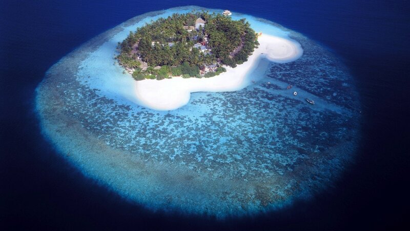 Aerial View of Tropical Island — Blue, Serene, Afternoon, Photograph, Coral Reef, Palm Trees, Boats