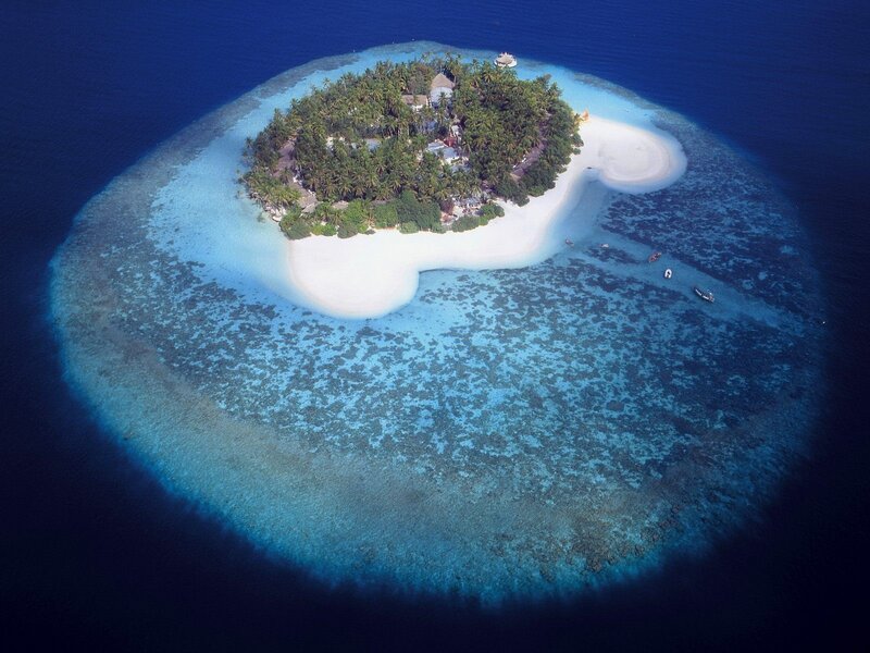 Aerial View of Tropical Island — Blue, Serene, Afternoon, Photograph, Coral Reef, White Sand Beach, Palm Trees, Green, White