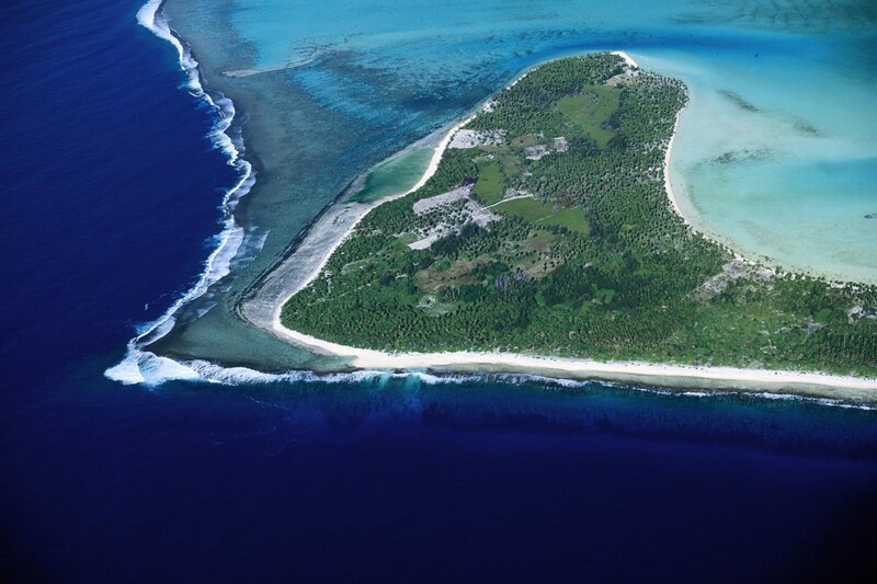 Aerial View of Tropical Island — Blue, Serene, Afternoon, Photograph, Ocean, Coral Reef, Beach, Green, White