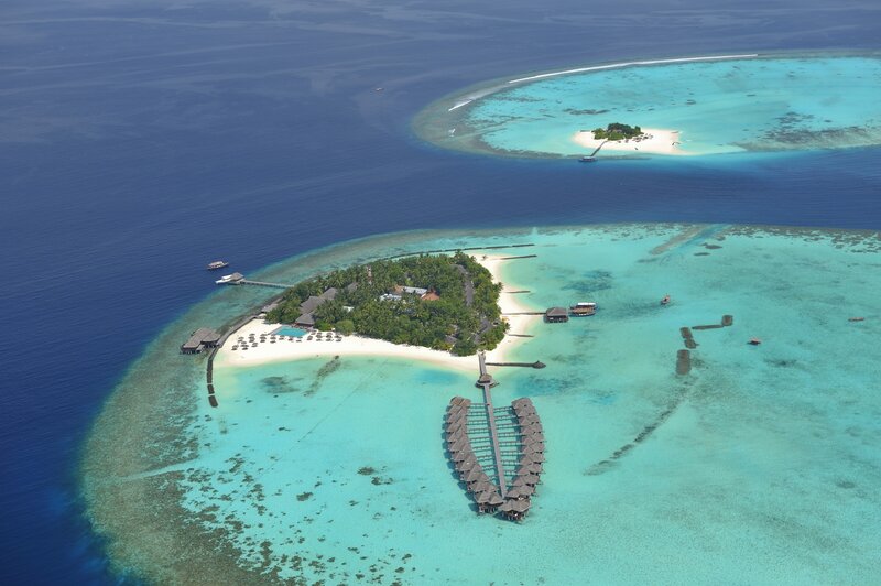 Aerial view of tropical island resort