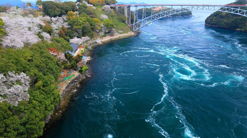 Aerial view of whirlpool and bridge