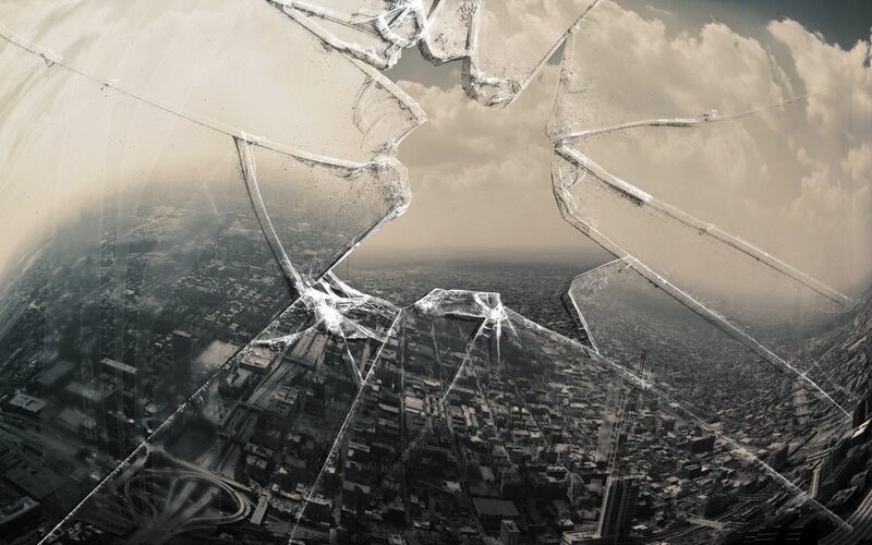 Aerial view through shattered glass