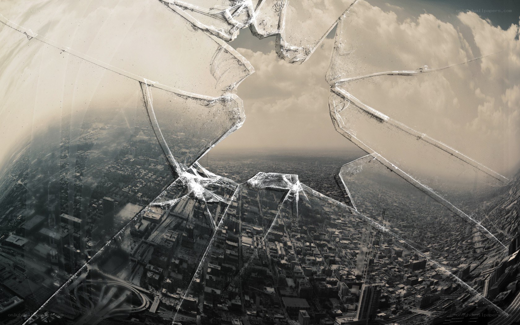 Aerial view through shattered glass