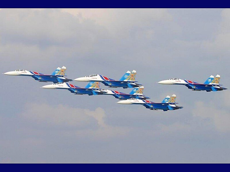 Aerobatic jet team in formation