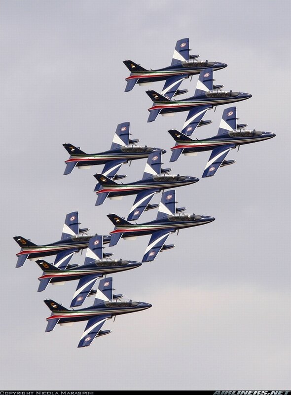 Aerobatic jet team in formation
