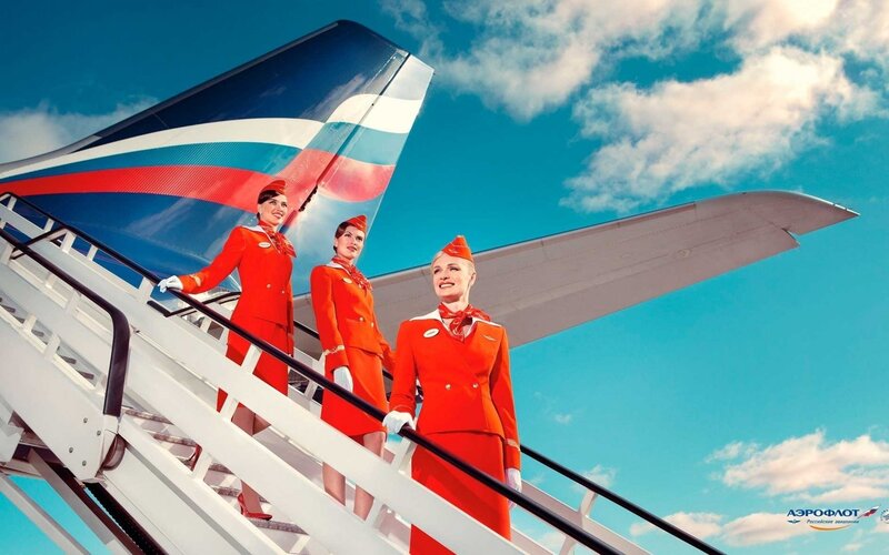 Aeroflot flight attendants on stairs