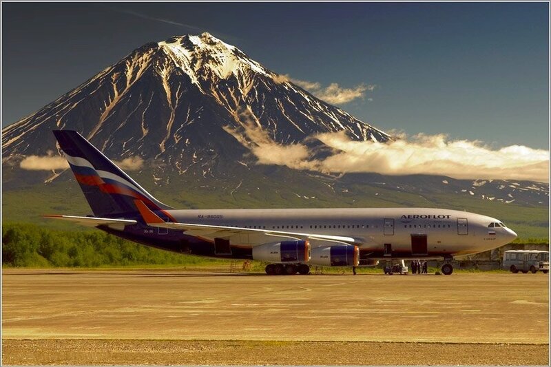 Aeroflot plane at airport with volcano