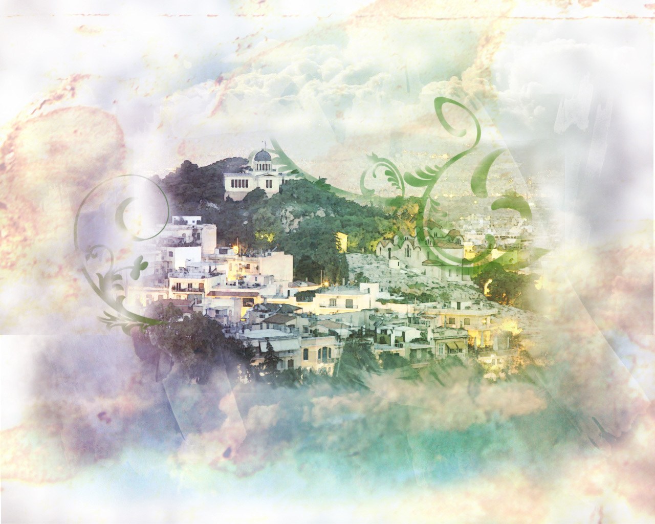 Aesthetic cityscape with floral overlay