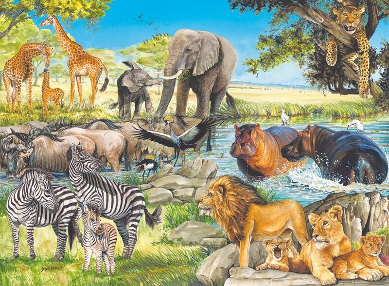 African Animals at a Watering Hole