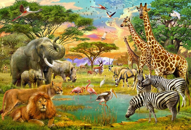 African Animals at Watering Hole — Green
