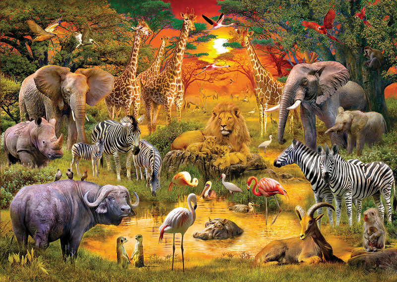 African Animals at Watering Hole — Orange