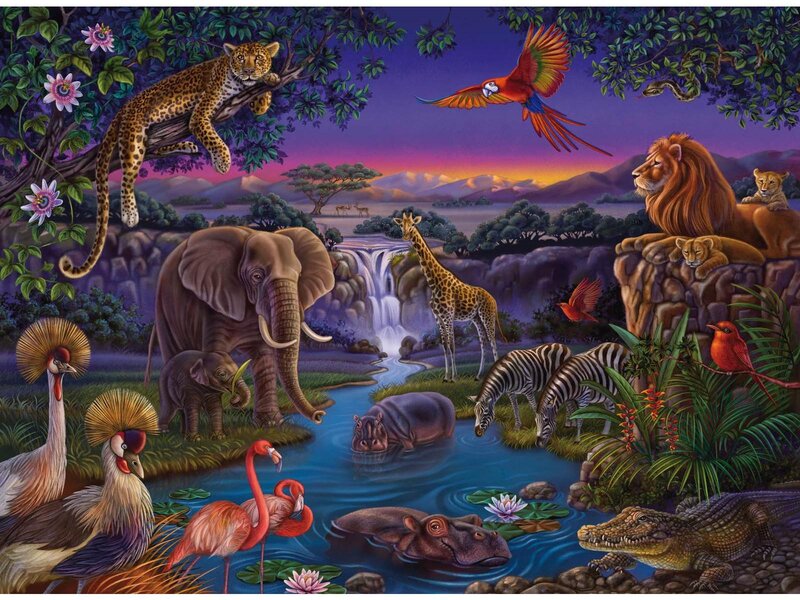 African Animals at Watering Hole — Purple