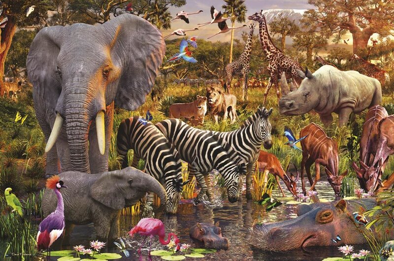 African Animals at Watering Hole