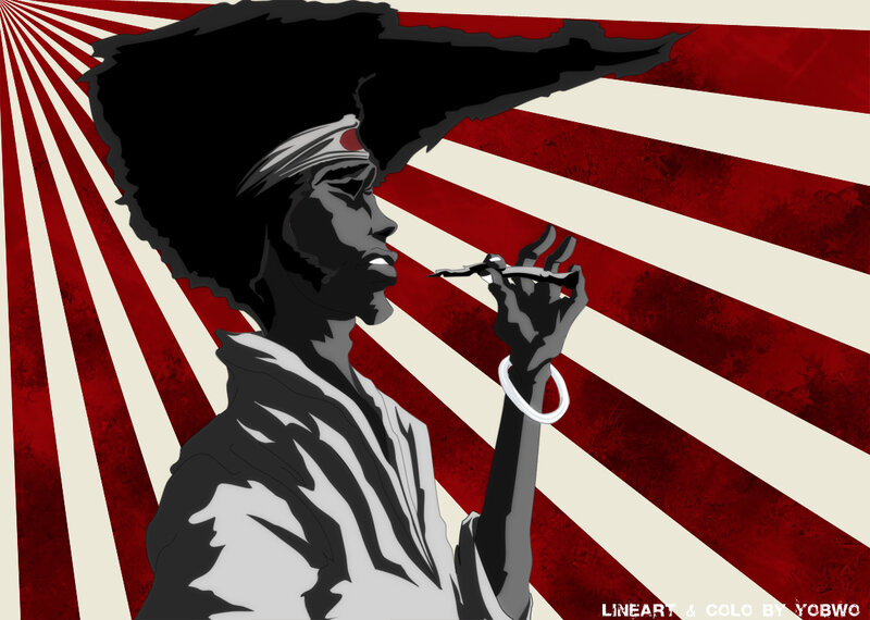 Afro-haired figure with cigarette