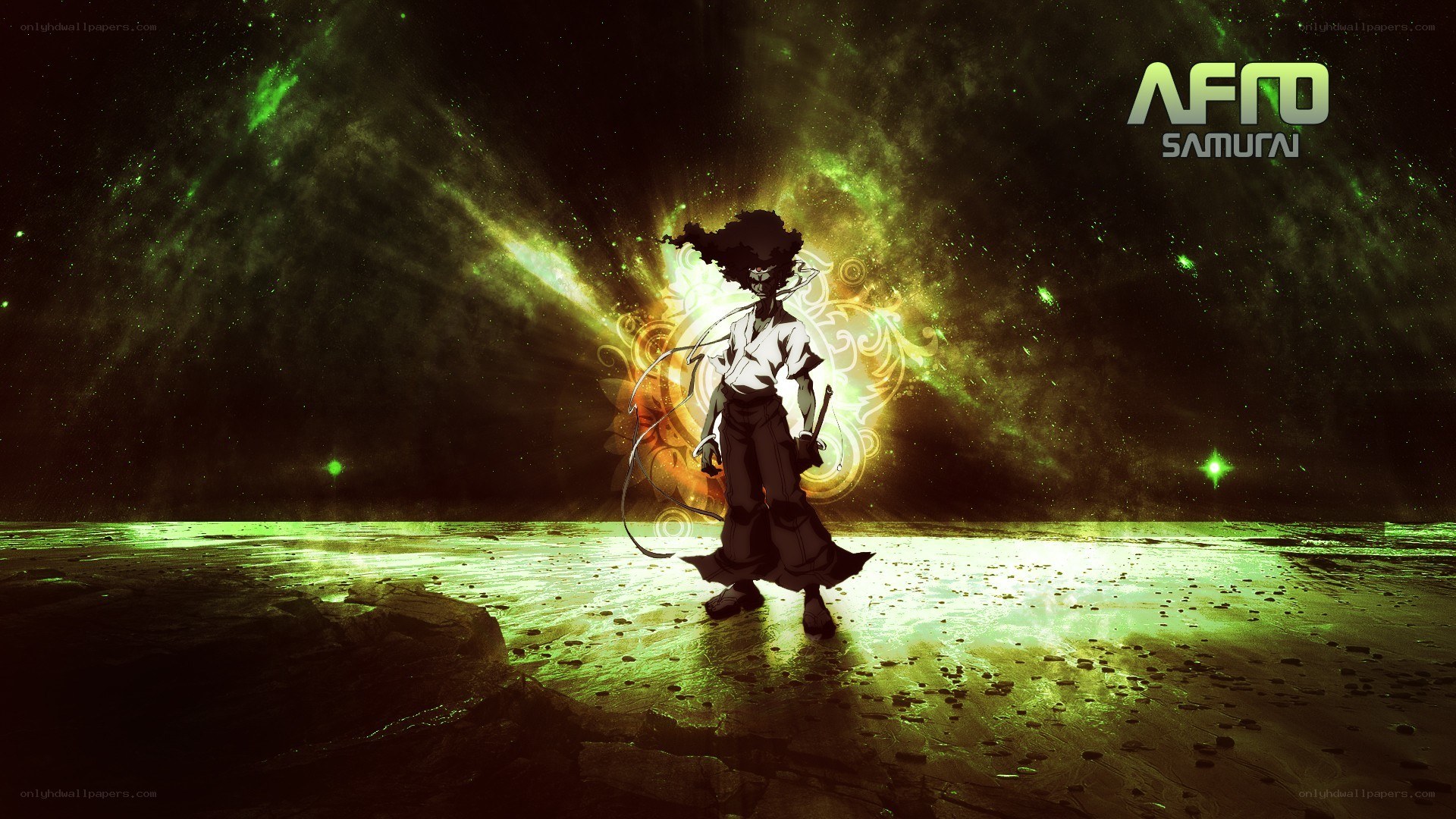 Afro Samurai standing in green light