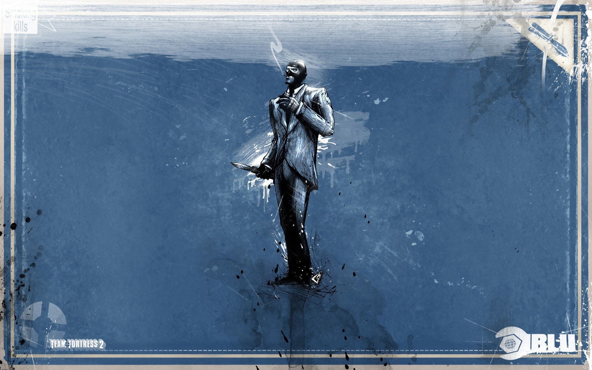 Agent with knife in blue art
