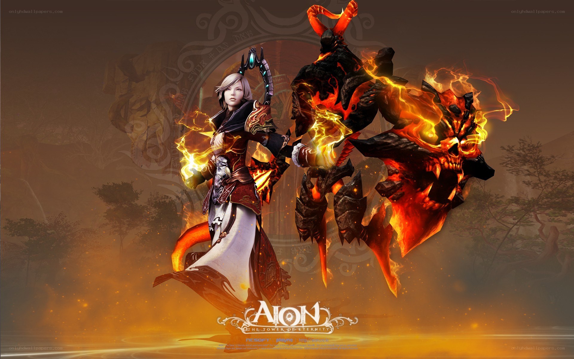 Aion character with fiery monster