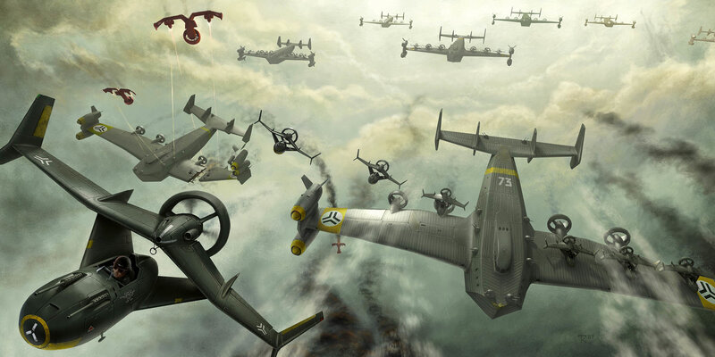 Air battle with futuristic aircraft