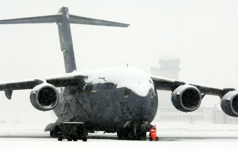 Air Force cargo plane in snow