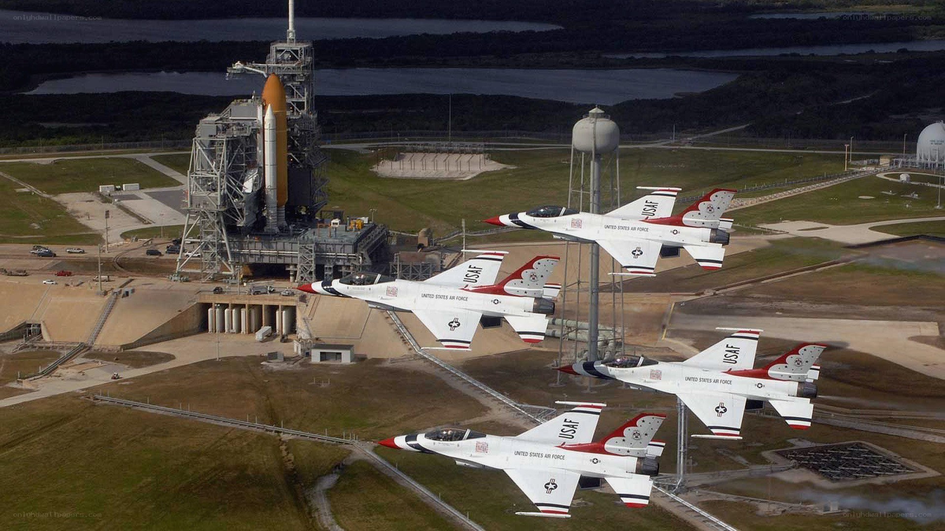 Air Force Thunderbirds fly over shuttle launch