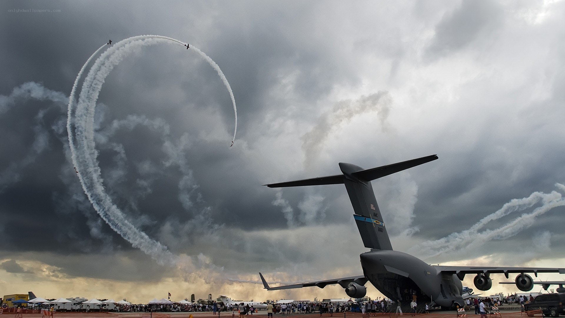 Air show with smoke trails