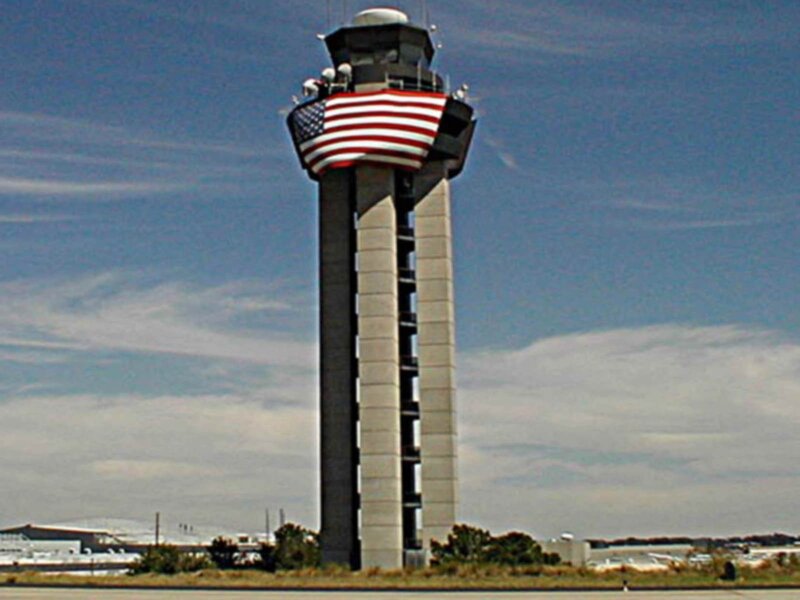 air traffic control tower with flag