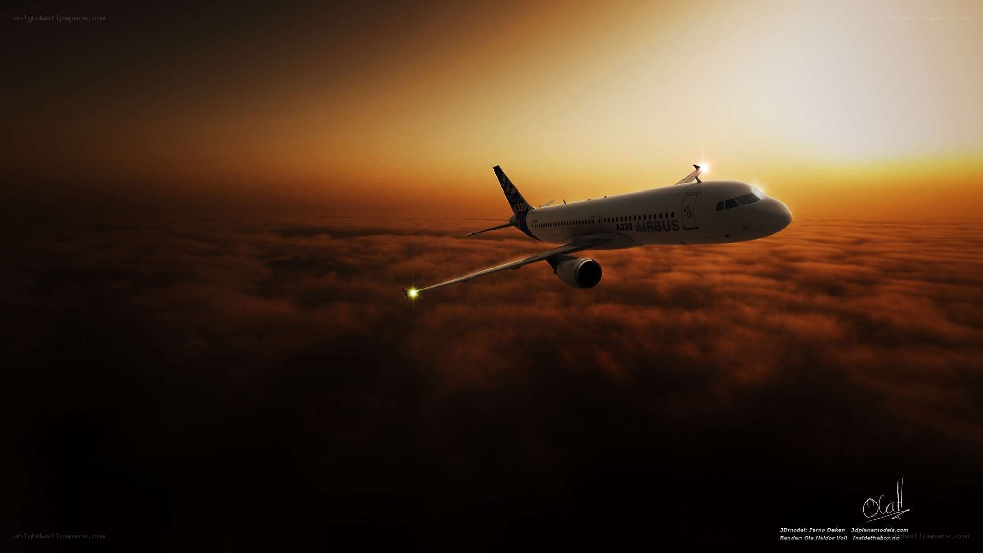 Airbus A320 above clouds at sunset