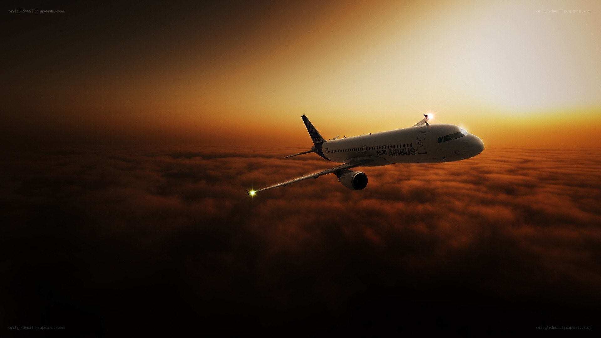 Airbus A320 above clouds at sunset