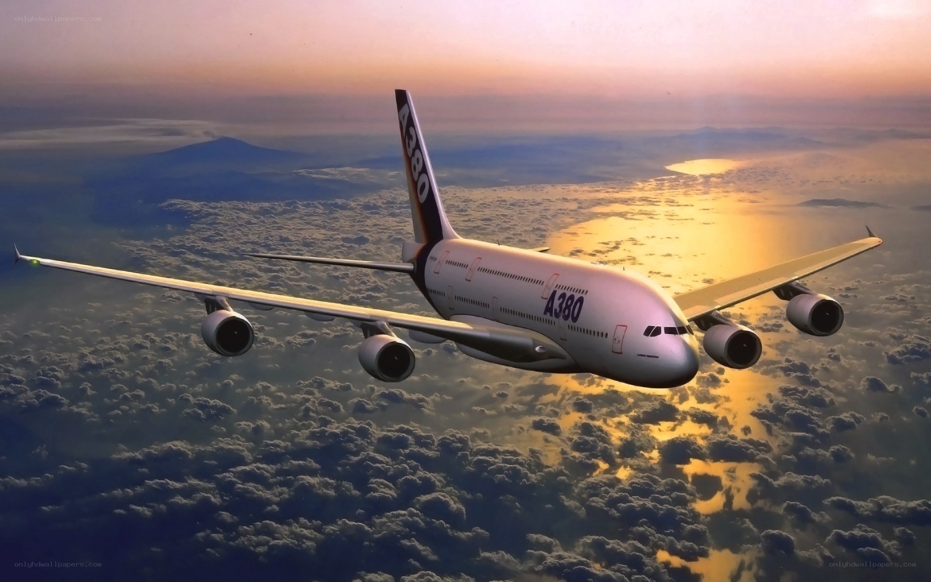 Airbus A380 flying above clouds