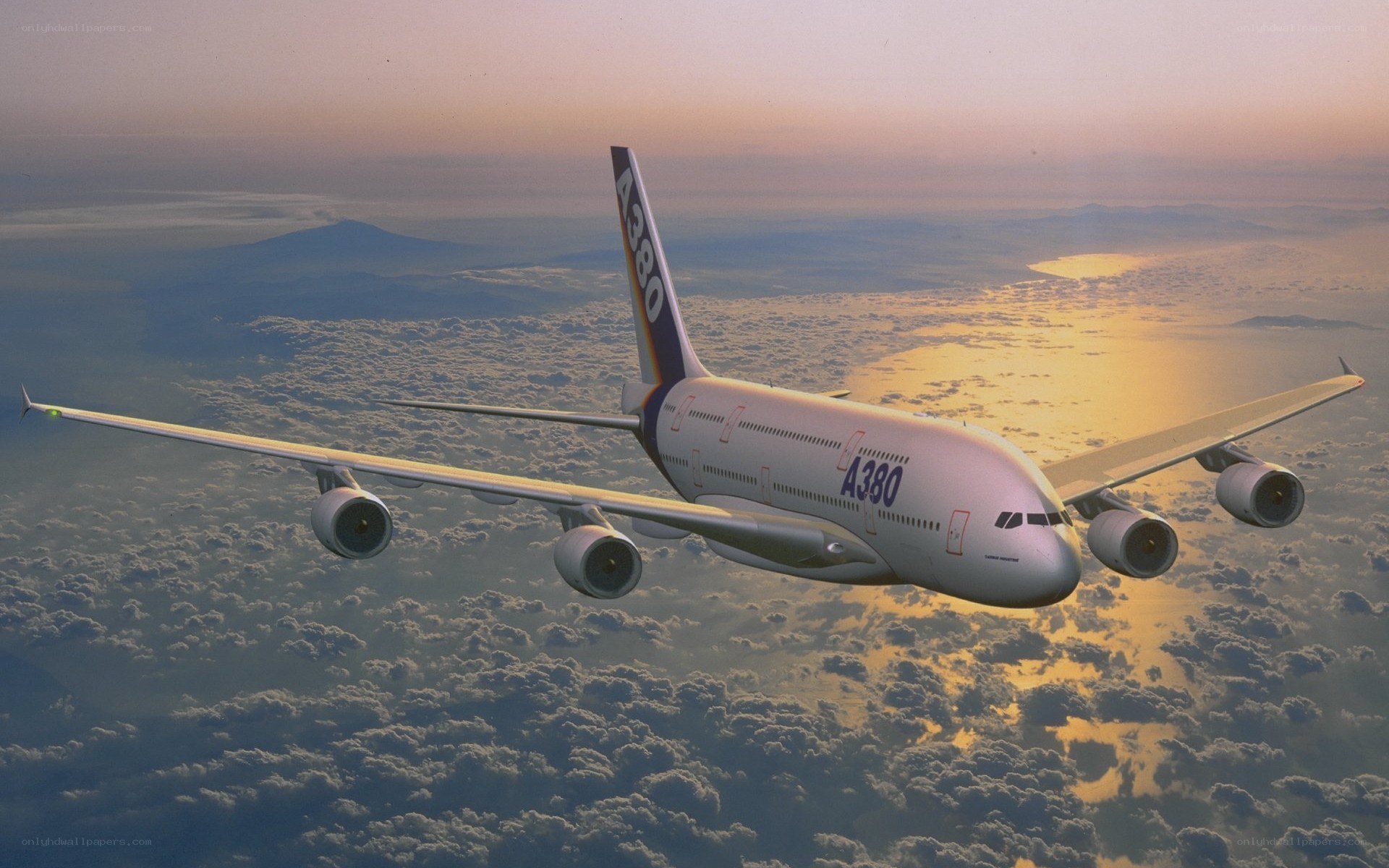 Airbus A380 flying above clouds
