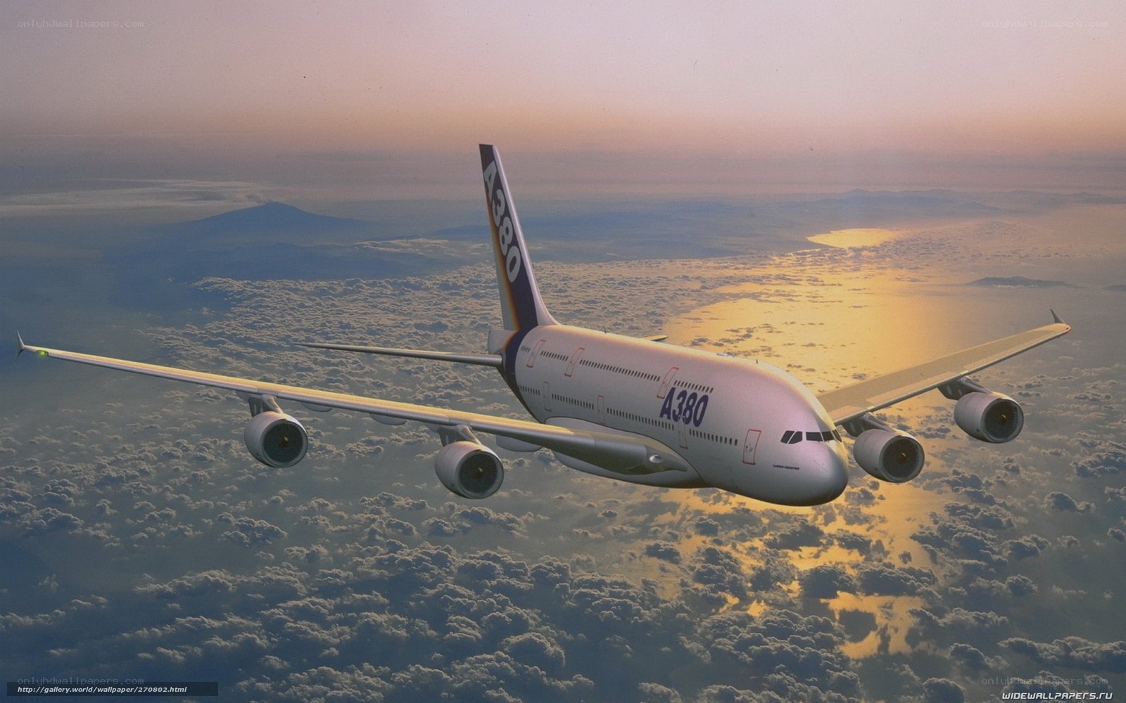 Airbus A380 flying above clouds