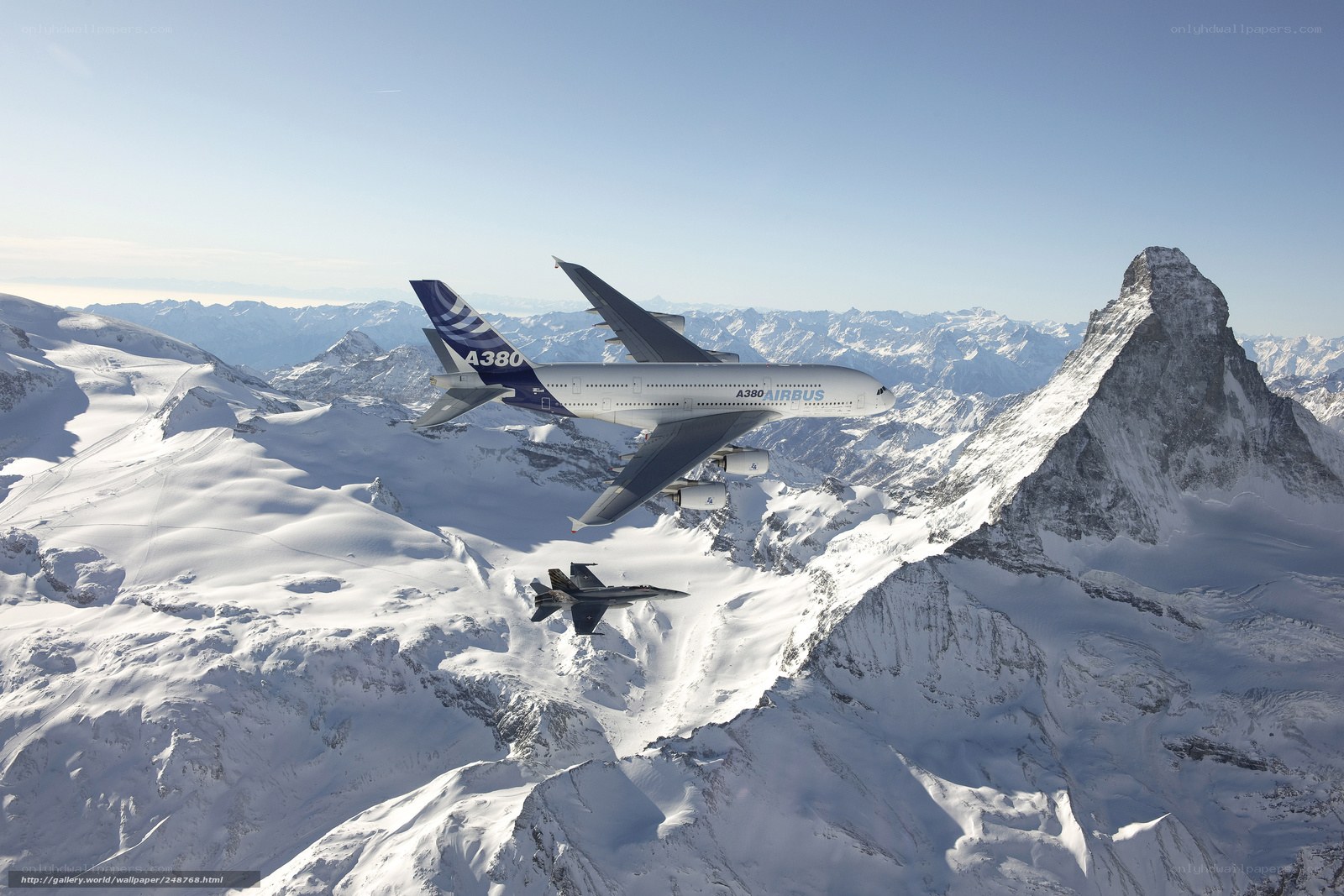 Airbus A380 over snowy mountains