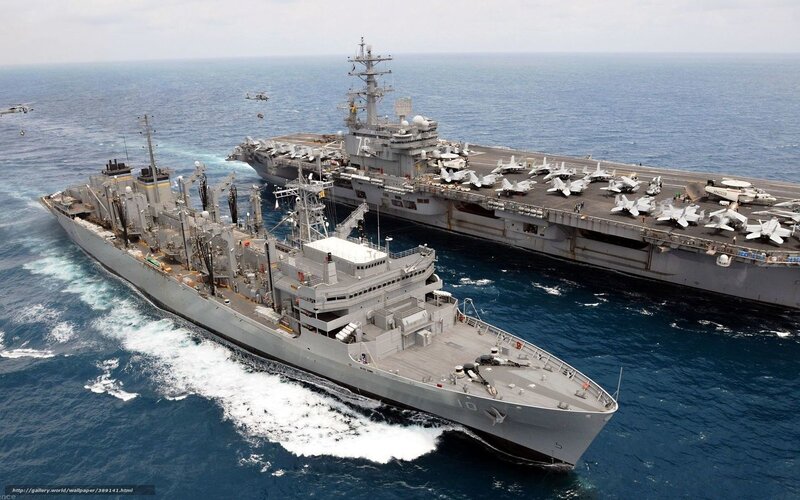 Aircraft Carrier and Supply Ship — Gray, Dramatic