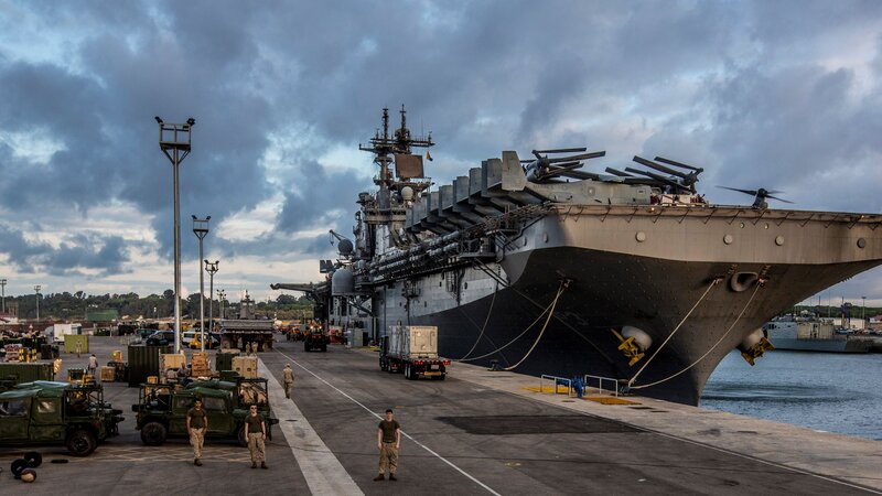 Aircraft Carrier at Dock — Gray, Dramatic