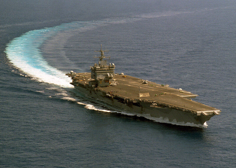 Aircraft Carrier at Sea — Blue, Calm, Afternoon, Photograph, Ocean, Wake