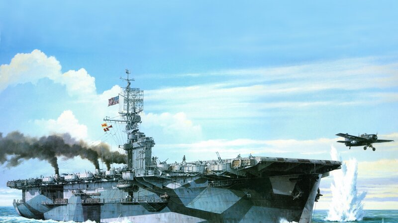 Aircraft Carrier at Sea — Blue, Dramatic, Afternoon, Illustration, Airplane