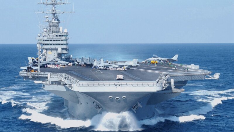 Aircraft Carrier at Sea — Blue, Dramatic, Afternoon, Photograph, Fighter Jets, Ocean, Crew, Gray
