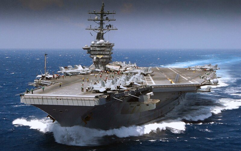 Aircraft Carrier at Sea — Blue, Dramatic, Afternoon, Photograph, Fighter Jets, Ocean