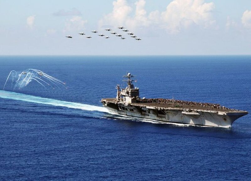 Aircraft Carrier at Sea — Blue, Dramatic, Afternoon, Photograph, Jets